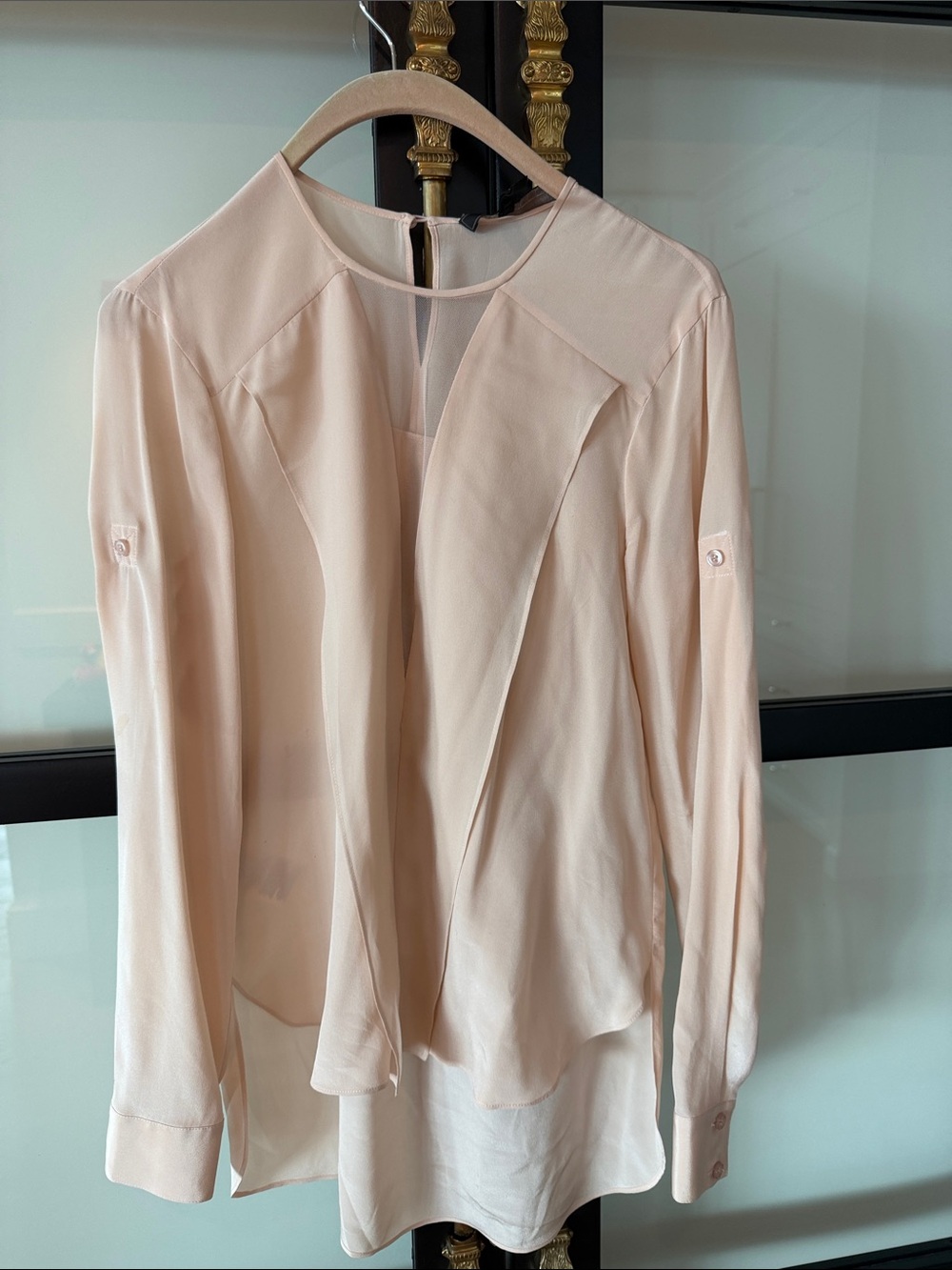 BCBGMaxAzria Soft Blush Silk Long-Sleeve Draped Blouse